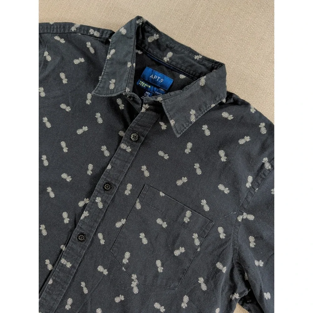 APT 9 Slim Fit Pineapple Button Up Shirt Mens M Gray Short Sleeve Stretch